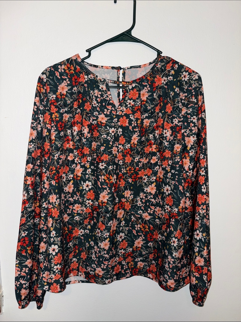 Floral Long-Sleeve Blouse - Black with Red & Pink Flowers